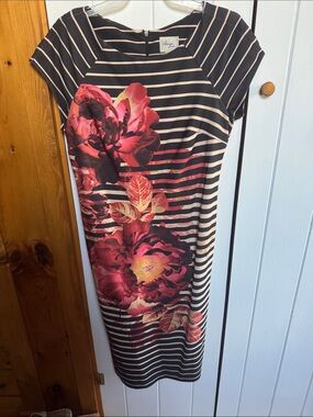 Black and Floral Pink Striped Floral Midi Bodycon Dress